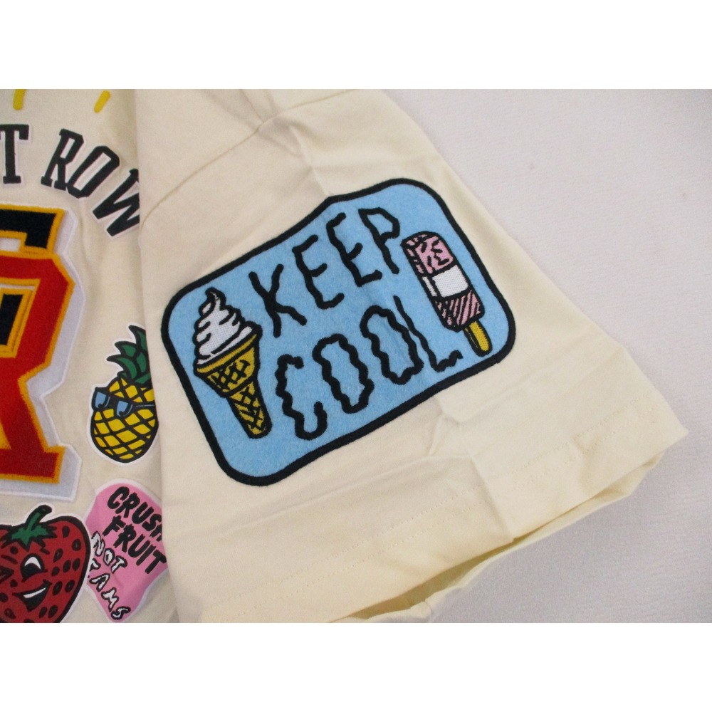 First Row T-Shirt Mens 2XL Beige Multi-Graphic Patch Varsity Streetwear Tee NEW - Picture 5 of 11